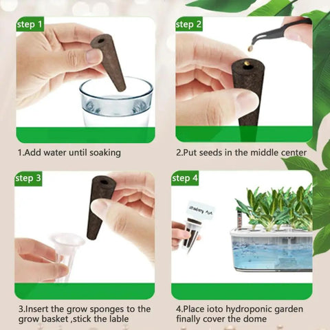 Instructions for using 101 Piece Hydroponic Pods Kit For Indoor Gardens With Seed Pods Grow Sponges Labels Baskets Domes.