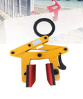 Heavy Duty Stone Lifting Clamps Built Tough For Marble And Granite Slab Carrier With Wide Jaw Stainless Steel Tongs, yellow clamp with red pads.