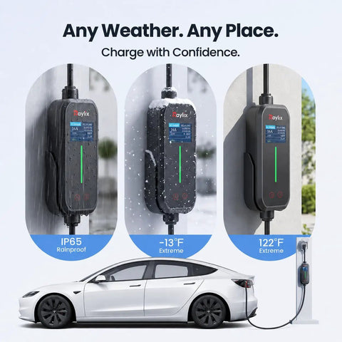 2026 Upgraded Tesla Mobile Home Charger Level 1 And 2 16 Amp Smart Schedule Nema 5 15 6 20 Plug charging in rain and snow.