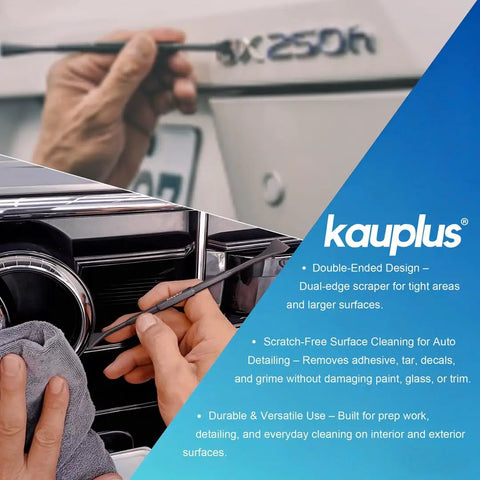 Hands using 20 Piece Double Ended Pick And Hook Tool Set With Non Marring Scrapers And Pry Bars for auto detailing on vehicle emblem.
