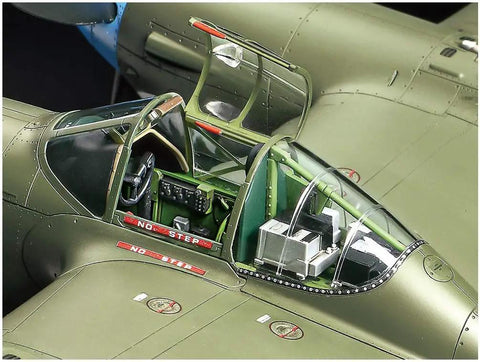 Close-up of 1 48 Scale Lockheed P 38 Lightning F And G Model Kit cockpit detail, plastic assembly, twin-boom WWII fighter.