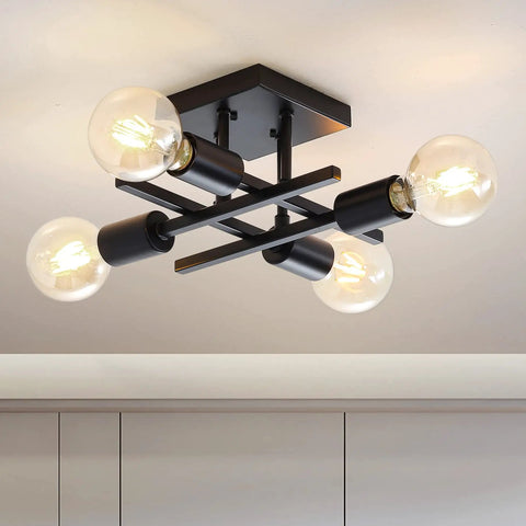 2 Pack Industrial 4 Light Semi Flush Mount Ceiling Light Fixtures Black Modern Farmhouse Sputnik Style with E26 Base