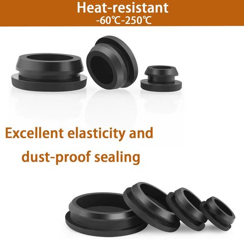 Assorted Rubber Plugs For Round Holes In Black Silicone Stoppers 110 Pieces showcasing heat-resistance and elasticity features.
