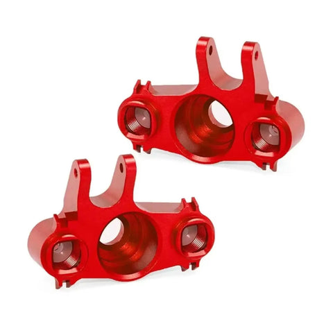 Heavy Duty Metal Front And Rear Axle Carrier For 1/10 Scale Rc Rig Compatible With Traxxas E-Maxx T-Maxx Revo 3.3 Slayer Summit Four Wheel Drive Tight Fit Badass Upgrade In Red, detailed view of red metal axles.