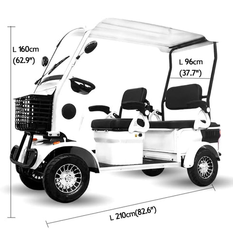 White 4 Passenger Electric Golf Cart Scooter With 1200W Brushless Motor And 60V 37AH Lithium Pack, side view with measurements.