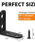 Black Stainless Steel L Brackets Set of 18 With 72 Screws Storage Tin shown with measurements and screw detail.