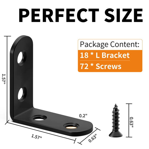 Black Stainless Steel L Brackets Set of 18 With 72 Screws Storage Tin shown with measurements and screw detail.