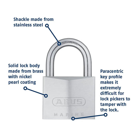 Beefy Marine Grade Chrome Plated Brass Padlock With Stainless Shackle And Keyed Different 50mm Wide By 77mm High By 18mm Deep 8mm Shackle Includes Two Keys with labels highlighting features like stainless steel shackle and brass body.