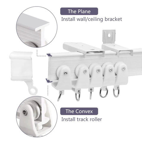 Flexible Bendable Ceiling Curtain Track 16 Ft White Wall Mount Sliding Curtain Rail System With Clips For RV Room Divider And Home Windows, install bracket and rollers