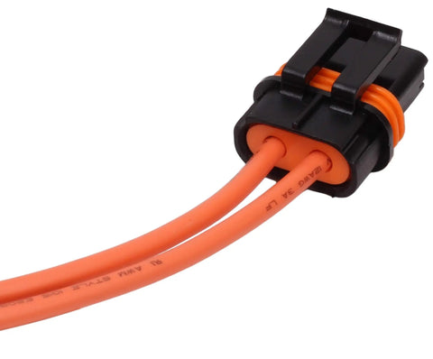 Close-up of waterproof blade style ATO ATC fuse holder with cover, 30 amp rating, 8 inch 12 gauge leads, tinned copper wire