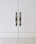 Two Pack European Retro Drawer Pulls Handles Bronze Alloy With Antique Bronze Finish on white cabinet doors