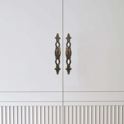 Two Pack European Retro Drawer Pulls Handles Bronze Alloy With Antique Bronze Finish on white cabinet doors