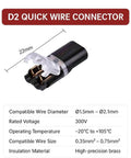 D2 Quick Wire Connector with high-precision brass insulation, 22mm length, compatible with 0.35mm² to 0.75mm² wire size.