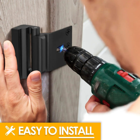 Person installing Heavy Duty 3 Inch Door Reinforcement Lock With 8 Screw Mounts That Withstands 800 Lbs Of Force Childproof Night Lock