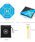 On The Go Foldable Night Vision Drone Landing Pad 20 Inch with dimensions, folded design, carrying bag, and stake