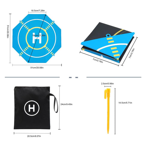 On The Go Foldable Night Vision Drone Landing Pad 20 Inch with dimensions, folded design, carrying bag, and stake