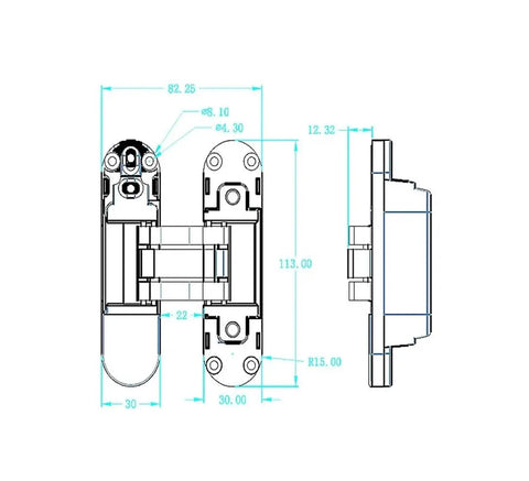 Technical drawing of an Adjustable Zinc Alloy Invisible Concealed Door Hinge for a sleek lowkey profile look, showing dimensions.