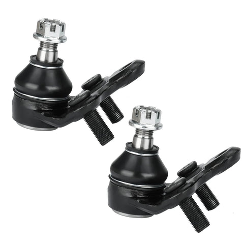 Two black front lower control arms with ball joints and mounting bolts; automotive suspension parts