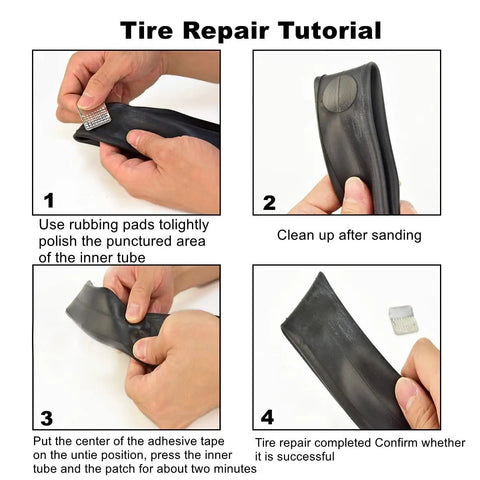 Tire repair tutorial using Grab-and-Go Bike Repair Kit With Blue Mini Tire Pump and 11-In-1 Tool, patch process steps 1-4