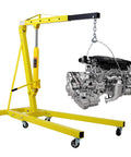 Pro Level 2 Ton Hydraulic Engine Hoist And Folding Cherry Picker Shop Crane With 4000 Lb Capacity lifting a shiny engine.