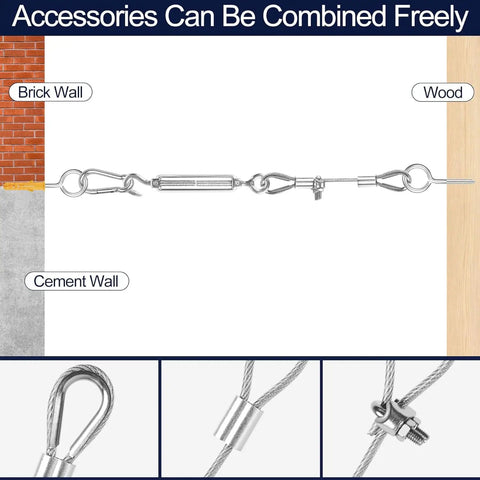 One Eighth Inch Wire Rope Kit 180 Ft Stainless Steel Aircraft Cable With M5 Turnbuckles And Eye Screws, 7x7 Strand Vinyl Coated