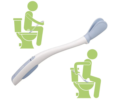 Toilet Aid Wand 18 Inch Personal Bottom Wiping Tool for easy self-care, shown in use from seated and standing positions with hygienic cover.