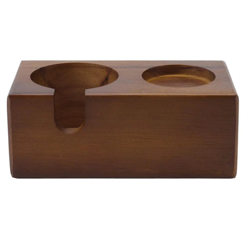 Straight Up Solid Beech Wood Coffee Tamper And Protafilter Stand With Handy Side Dock For 51 To 58 MM Brewers shown from the side.