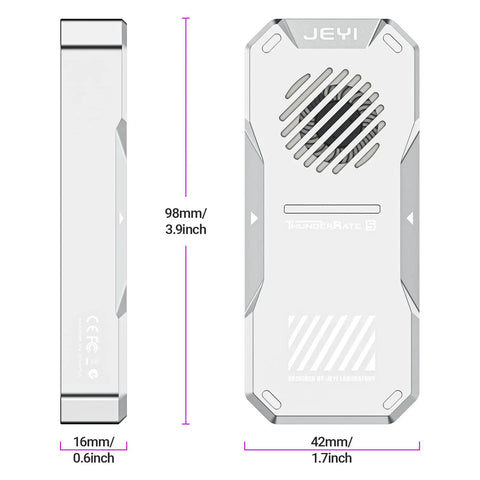 Blazing Fast 80Gbps M.2 2280 NVMe Enclosure With Dope Turbo Cooling Fan And Slick External SSD Adapter side and front view dimensions