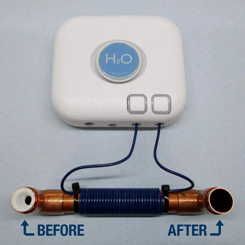 Electronic Water Conditioner EWC Max I Salt Free Hard Water Softener Alternative For Whole House Descaler with before and after pipes