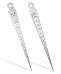 Taper gauges, two stainless steel double-sided tools with metric and imperial scales.