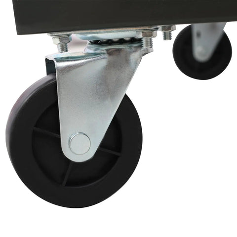 Close-up of locking caster wheel underside for 90 Bin Storage Rack With Locking Casters For Garage And Workshop, Double-Sided Tool Organizer
