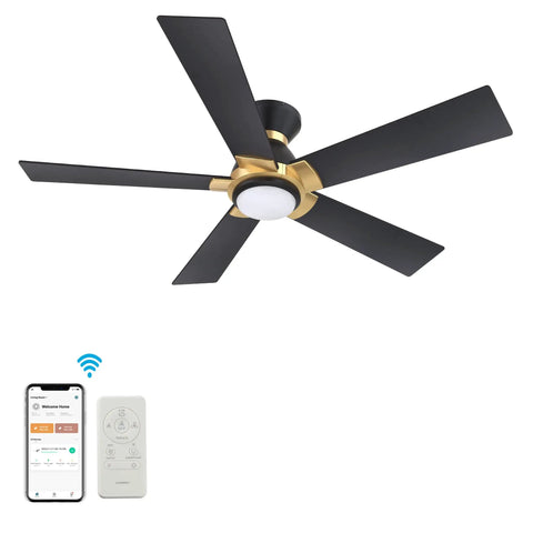 Lit Wifi Led Ceiling Fan With Remote And App Control, Timer And Schedule, Damp Location Rated 52 Inch With Plywood Blades, Black And Gold Finish