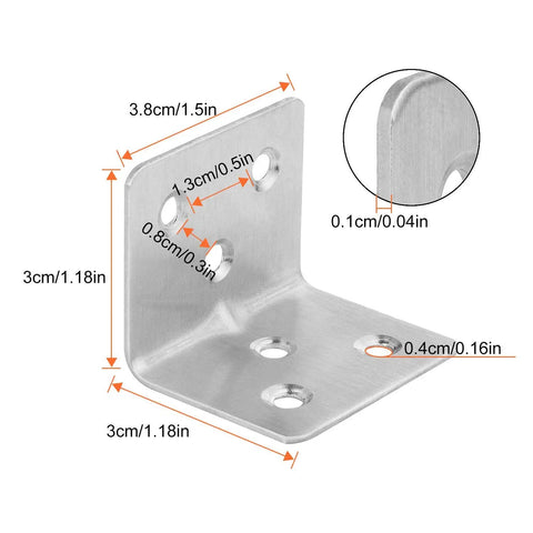 Stainless Steel Corner Braces 64 Pack Heavy Duty L Brackets For Furniture Shelves And Cabinets with dimensions shown