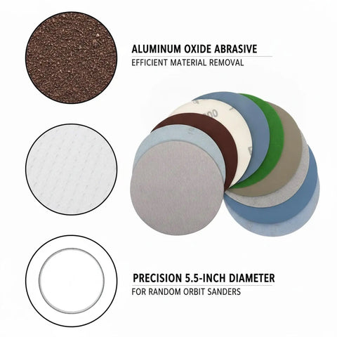 Heavy Duty Aluminum Oxide Sanding Discs With Flexible Backing For Tough Cutting And Smooth Finishes On Wood Metal Or Paint That Resist Tearing And Conform Perfectly To Weird Shapes Without Gunking Up Your Drill Today, 5.5-inch diameter.