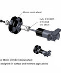 Two-part 48mm omnidirectional wheel assembly with black wheel, silver hub and motor mount (exploded view)