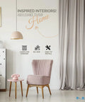 Elegant living room with pink chair, side table, pink pendant lamp, and beige curtains showcasing home decor elegance.