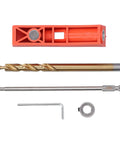 Hella Precise Pocket Hole Jig Kit With Metal Step Drill Bit And Hex Wrench Plus Screwdriver showing metal step drill bits and a hex wrench.