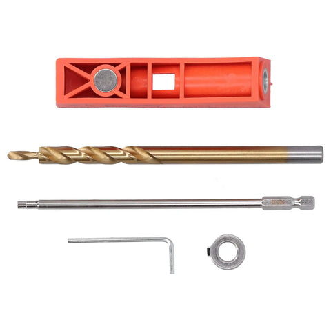 Hella Precise Pocket Hole Jig Kit With Metal Step Drill Bit And Hex Wrench Plus Screwdriver showing metal step drill bits and a hex wrench.