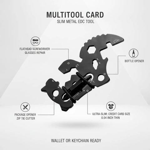 Slim Metal Multitool Card With Screwdriver And Bottle Opener Credit Card Size showing functions for eyeglass screws and zip ties.