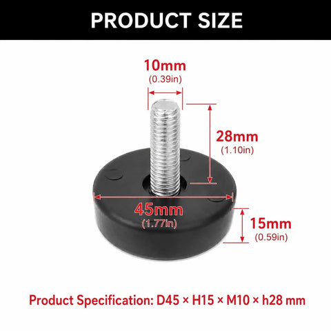 M10 Leveling Feet For Treadmills 4 Pack Adjustable dimensions chart with 28mm thread, 45mm base, and 15mm height display