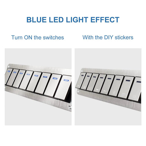Close-up of 8 Gang Aluminum Rocker Switch Panel Waterproof Toggle Panel for Boat RV Car with blue LED light effect.