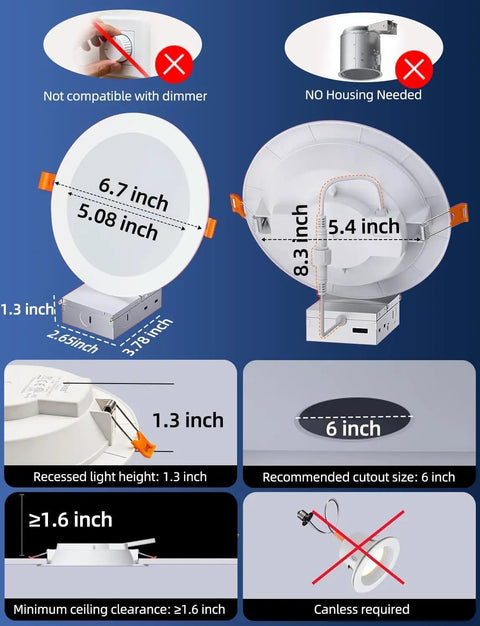 6 Inch Led Recessed Downlights Featuring Adaptive Color Changing Modes And A Seamless Canless Frame dimensions and installation guide.
