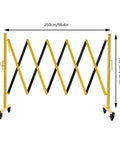 Heavy Duty Yellow And Black Folding Security Gate Built Like A Tank With Top Shelf Craftsmanship Smooth Rolling Casters And Quick Expand Adjustable Scissor Barrier For No Sweat Crowd Control, 250cm width.