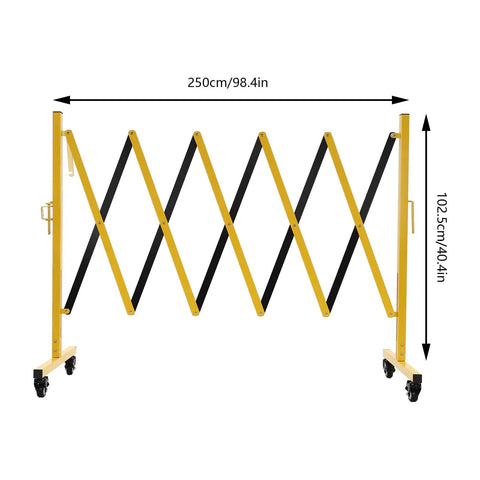 Heavy Duty Yellow And Black Folding Security Gate Built Like A Tank With Top Shelf Craftsmanship Smooth Rolling Casters And Quick Expand Adjustable Scissor Barrier For No Sweat Crowd Control, 250cm width.