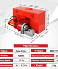 Heavy Duty Portable Electric Rebar Cutter 1250W Cuts 4-25mm Steel Rods And Bars shown with metal toolbox dimensions.