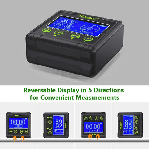 Digital Angle Gauge Protractor With Dual Axis Bubble Level and LCD Inclinometer showing reversible display feature.