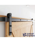 10Ft Barn Door Hardware Kit For 60 Inch Wide Doors With I Shape Hangers, installed view with carbon steel track on wooden door