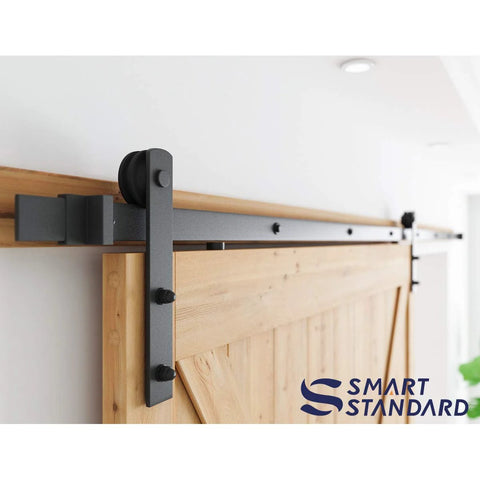 10Ft Barn Door Hardware Kit For 60 Inch Wide Doors With I Shape Hangers, installed view with carbon steel track on wooden door