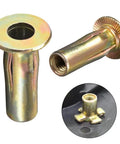 Grab This Epic Rivet Nut Installation Kit With Professional Setting Tool And 1/4-20 Pre-Bulbed Plusnuts Bolts Wrench For Easy Blind Hole Repair Jobs. 1/4-20 steel rivet nut insert, gold zinc plated, shown installed in sheet metal