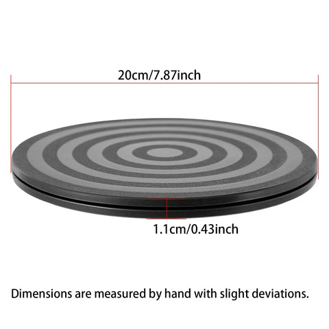 Beefy Eight Inch Heavy Duty Rotating Swivel Stand Smooth Spin Lazy Susan Base With Anti Slip Groove Black top view with dimensions.